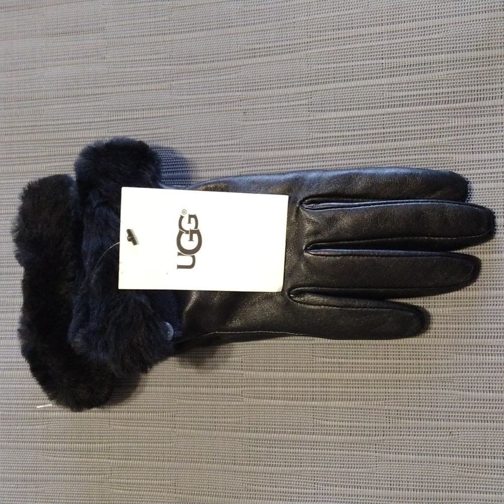 UGG Black Leather Gloves with Fur Trim